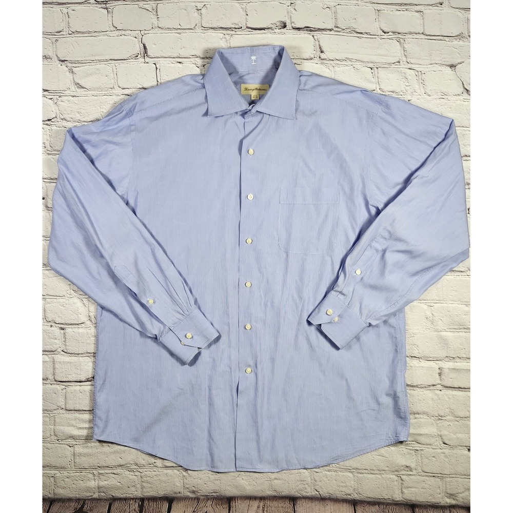 Tommy Bahama Mens Blue White Pinstripe Button Down Dress Shirt 16.5 34/35